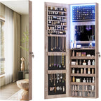 Vlsrka 47.2 Inch Full Length Mirror with Storage, Wall Mount Mirror Jewelry Cabinet, Over The Door Hanging Jewelry Armoire Organizer, Built-in Light, 4 Drawers, 5 Shelves, Lockable (Wood)