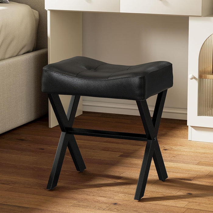 Memobarco 18-Inch Leather Vanity Stool Chair, Vanity Bench with Metal X-Leg, Ottoman Accent Stool with Thick Padded Saddle Seat, Black