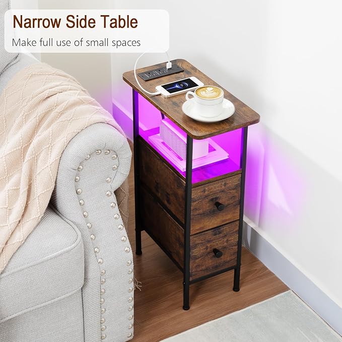 Narrow End Tables Living Room Set of 2 with Charging Station, Skinny Side Tab...
