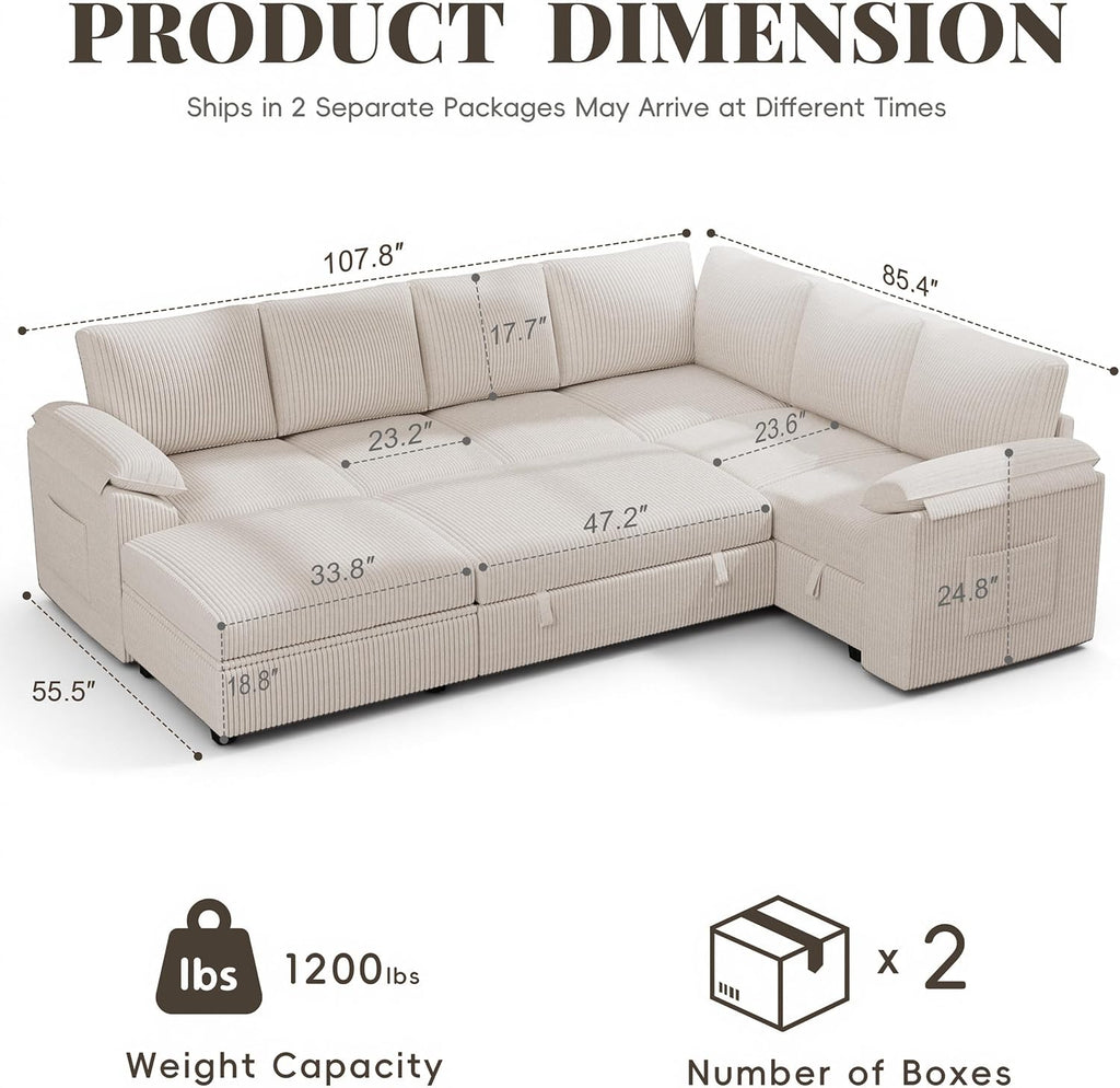 108 Inch Sectional Sleeper Sofa Bed with Pull Out Couch, U Shaped 7 Seat Cloud Modular Sectional Sofa with Storage, Corduroy Sectional Couches for Living Room, Removable Sofa Cover, Beige