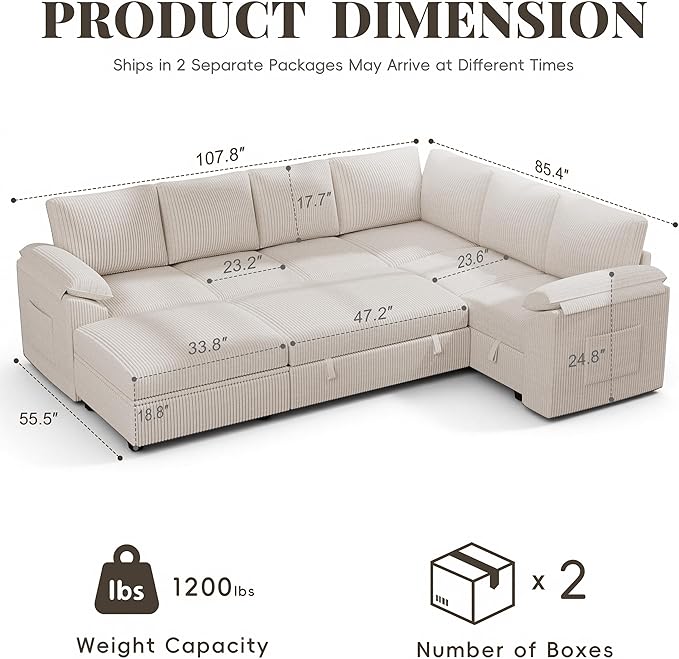 108 Inch Sectional Sleeper Sofa Bed with Pull Out Couch, U Shaped 7 Seat Cloud Modular Sectional Sofa with Storage, Corduroy Sectional Couches for Living Room, Removable Sofa Cover, Beige