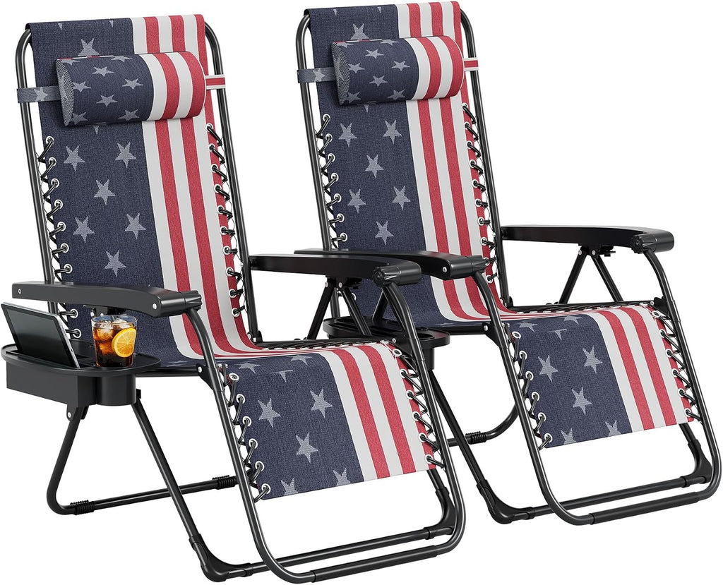 Garvee Zero Gravity Chair Set of 2, Patio Lounge Chair Outdoor with Pillow & Cup Holder Tray, Adjustable Reclining Chair, Folding Portable Camping Chair for Deck, Beach, Yard, Garden | W/ Pillow, Cup Holder Tray & Upgraded Lock, Folding Portable Camping