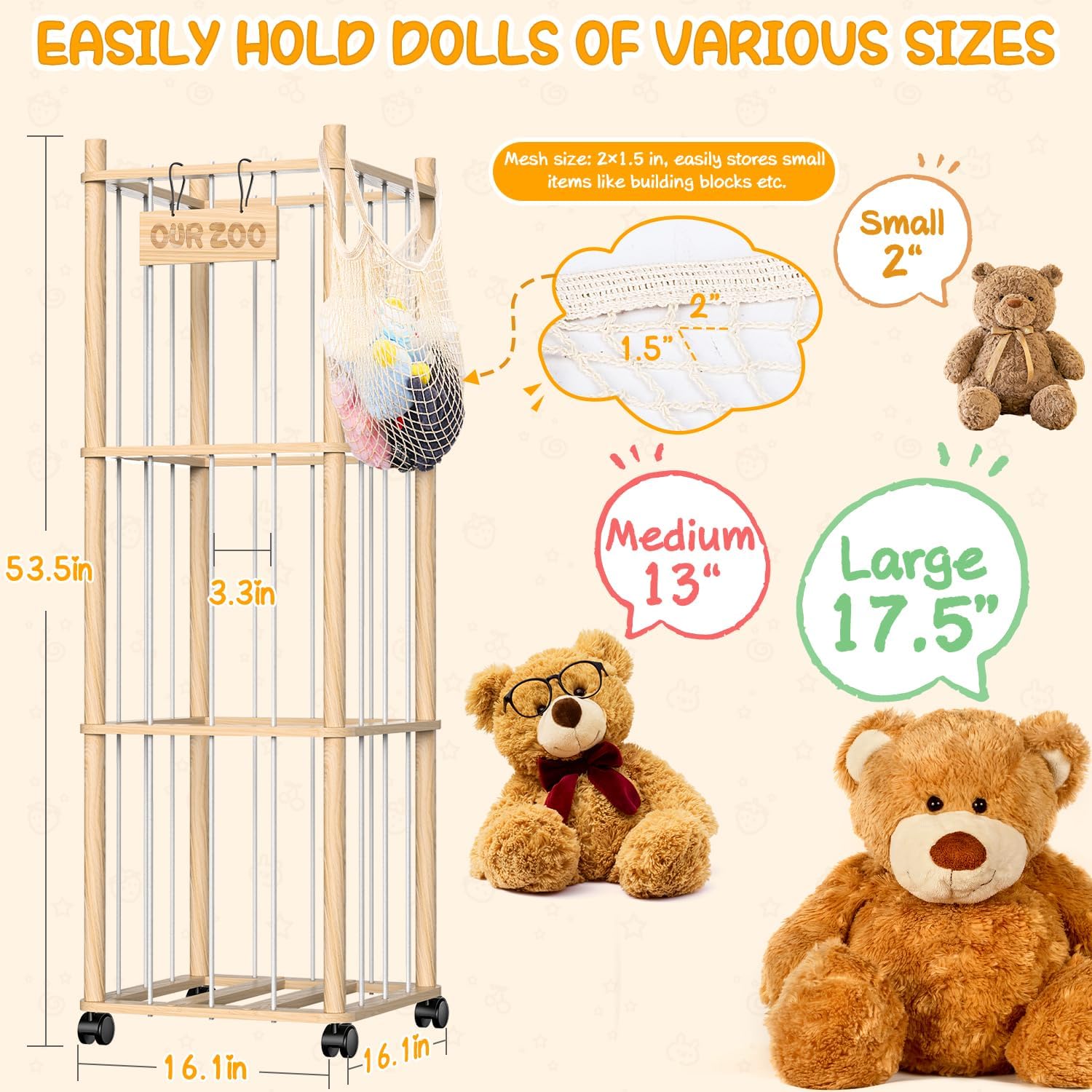 Stuffed Animal Storage & Holder, Natural Pine Wood Plushies Storage with Wheels, Large Capacity Stuffed Animal Zoo with Building Block Bag, Space Save Toy Organizer for Nursery Playroom & Bedroom