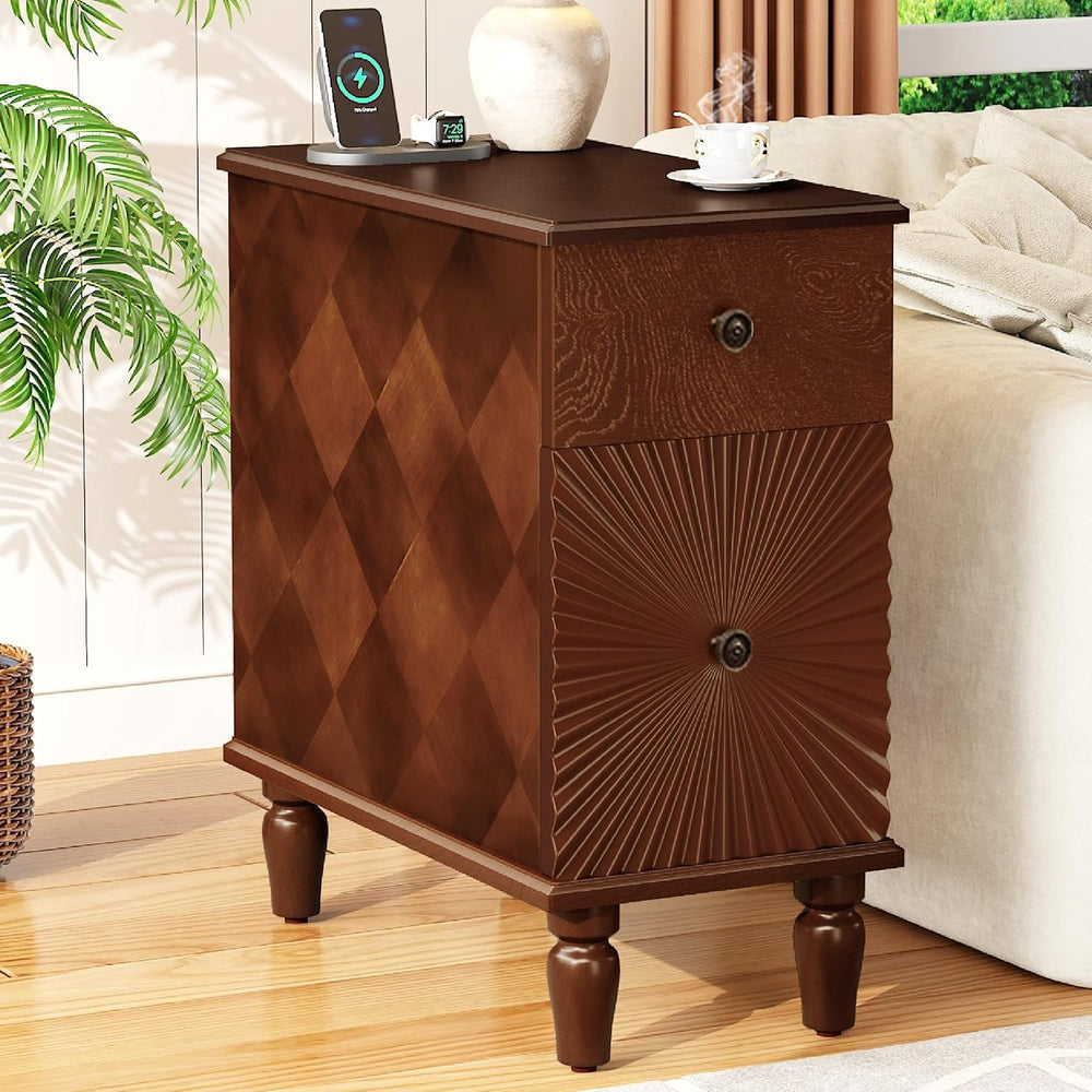 KEIKI Narrow End Table with USB Ports & Outlet, Wooden 2 Drawer Sofa Side...