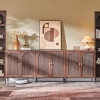 Modern TV Stands for 80 Inch TVs, 92.63" W Wood Entertainment Center w/Adjustable Shelves, Mid Century Modern TV Stand w/Arched Fluted Doors, Media Console Cabinet for Living Room, Brown