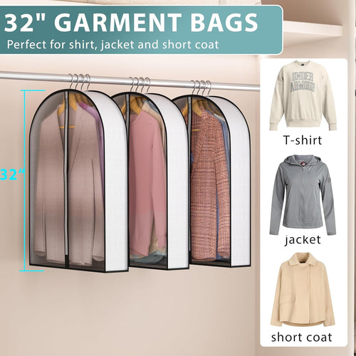 32” Garment Bags for Hanging Clothes 4” Gusseted - with Clear Window, Breathable Fabric, Metal Zipper, Suit Coat Fur Protector for Closet storage, clothes Season Off, Moving, 3 Pack