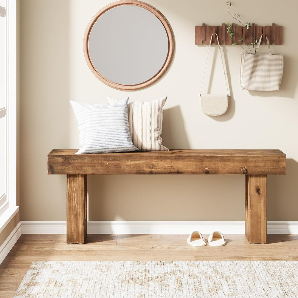 Solid Wood Shoe Bench, 47" Long Farmhouse Entryway Bench with Sturdy Leg...