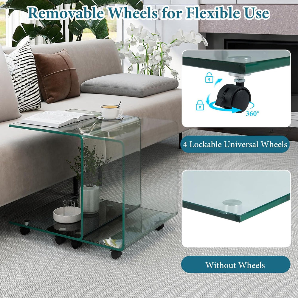 Tangkula Tempered Glass Side Table, Modern C-Shaped Bedside Table Nightstand ...
