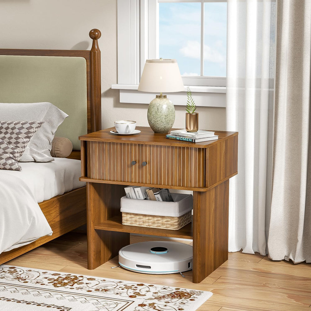 Fluted Nightstand Set of 2, Walnut End Table with Sliding Doors, Bedside Tabl...