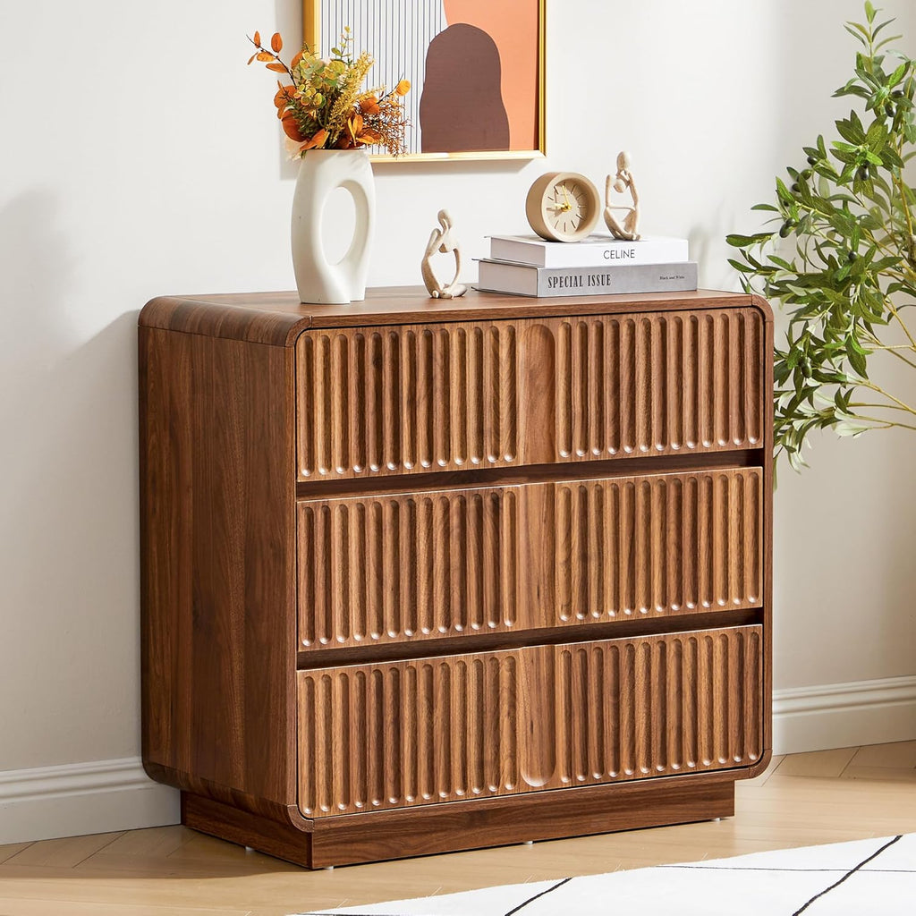 Turtle&Myrtle Fluted 3 Drawer Dressers for Bedroom, 31.5" Wide Large Mid Century Modern Nightstand W/3 Storage Drawers, Wood Dresser & Chest of Drawers with Curved Profile for Living Room (Walnut)