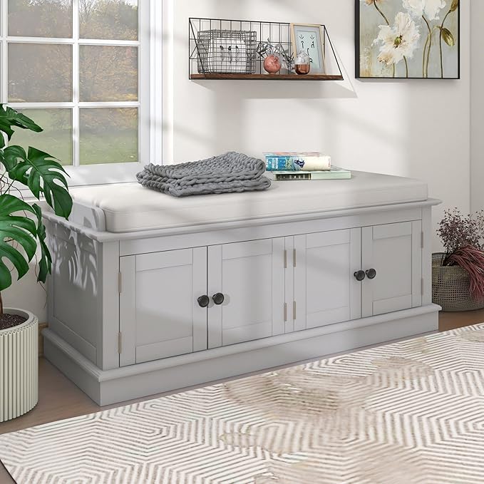 Vintage Hallway Storage Bench with 4 Doors and Adjustable Shelves,Entryway Shoe Rack W/Removable Cushion,for Living Room Bedroom Porch,Gray Wash,42″