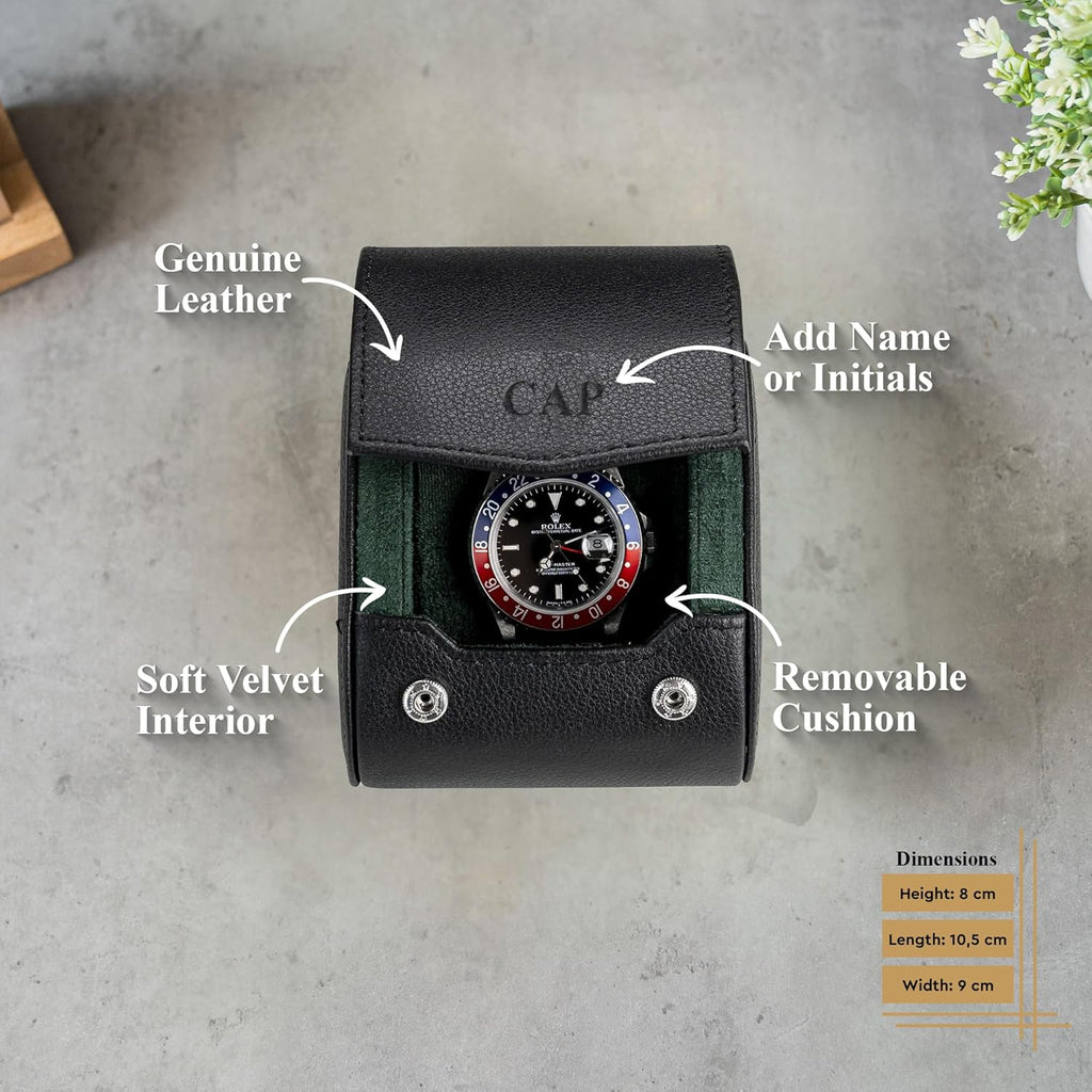 DailyWatch | Personalized Watch Roll Travel Case For 1 Watches - Handmade Genuine Leather Travel Case With Custom Engraving of Name or Initials - Black Green