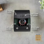 DailyWatch | Personalized Watch Roll Travel Case For 1 Watches - Handmade Genuine Leather Travel Case With Custom Engraving of Name or Initials - Black Green