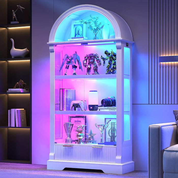 Dystler Curio Cabinet with RGB Lights, 72" Tall Arched Display Cabinet with Glass Doors, 4-Tier Large Shelf Display Case for Collectibles Bookcase Living Room, White