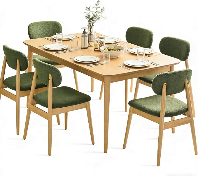 Wooden Dining Chairs Set of 6, Farmhouse Boucle Upholstered Kitchen Chairs, Green