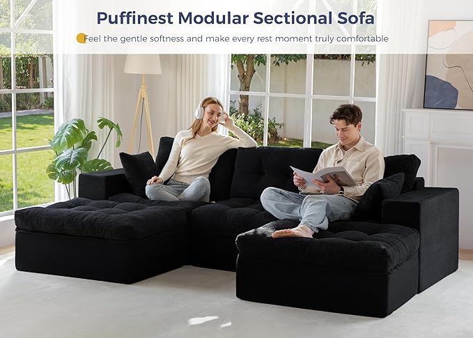 MAXYOYO 104" U Shaped Modular Sectional Sofa with 2 Ottomans, Cloud Boneless Couch with Layered Cushion, Flexible Module Combination Sofa for Living Room, No Assembly Required, Black