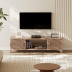 58 Inch Mid Century Modern TV Stands for Living Room, Boho Media Console for Bedroom, TV Entertainment Center with Storage, Wood Television Cabinet, Light Brown