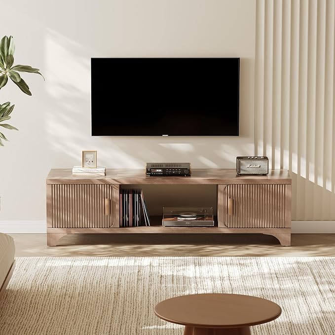 58 Inch Mid Century Modern TV Stands for Living Room, Boho Media Console for Bedroom, TV Entertainment Center with Storage, Wood Television Cabinet, Light Brown
