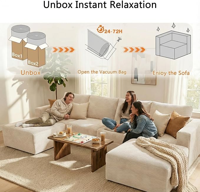 Homall 126" Sectional Couches for Living Room, Modern Fabric Boneless Couch with Deep Seat, Upholstered Cloud Sofa with 2 Ottoman, No Assembly Required (Beige, U Shaped Sofa)
