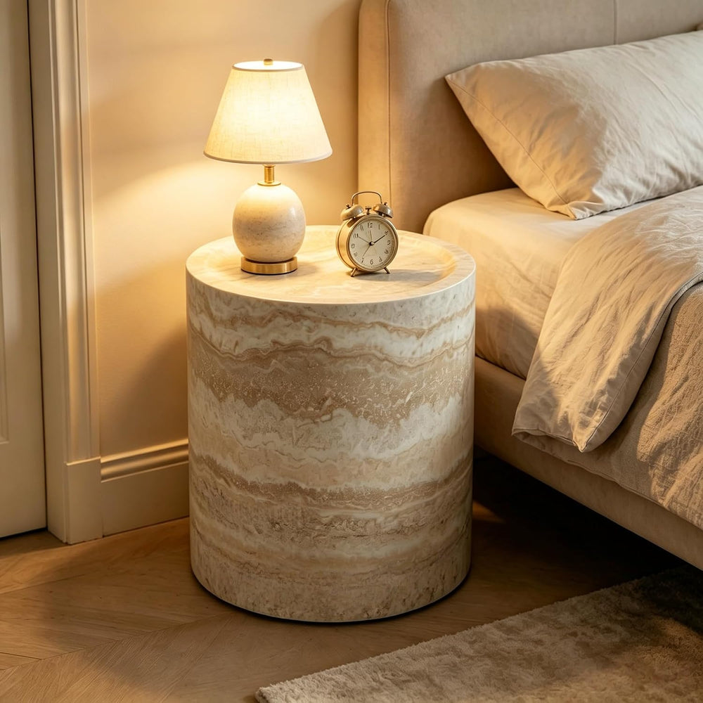 Marble-Effect Cylindrical Side Table Lightweight Fiberglass & Resin Accen...