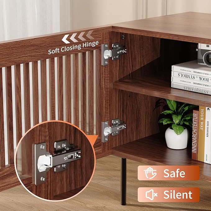 HOMMPA 70 Inch TV Stand for TVs Up to 80'', Mid Century TV Stand with Slatted Door Design, Modern Media Console with Storage Cabinet & Drawer, Entertainment Center for Livingroom, Walnut