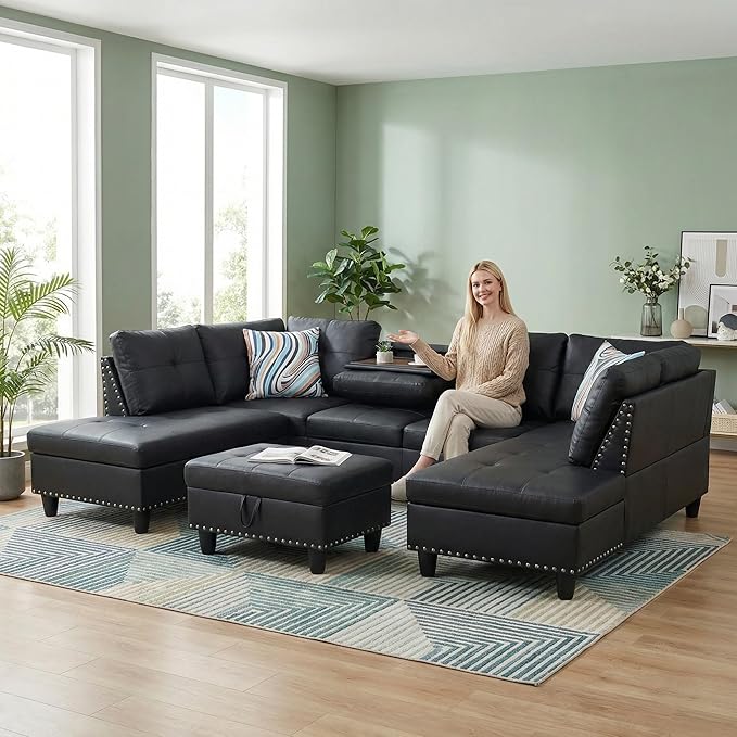 Sectional Couches for Living Room with Movable Chaise & Storage Ottoman - 97.5" Leather L Shaped Couches for Living Room Apartment, Home Modular Sectional Sofas with Cup Holder, Black