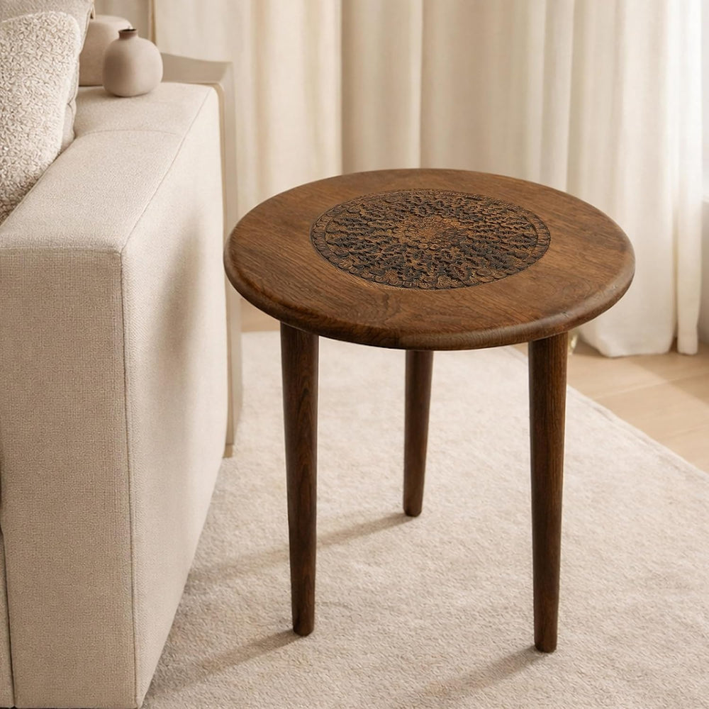 TUP THE URBAN PORT AMA 22 Inch Side End Table, Round Top, Indian Mandala Flor...