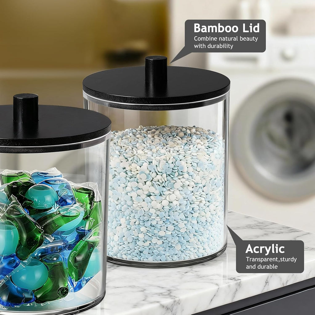 SheeChung 2 Pack 50 Oz Large Apothecary Jar with Bamboo Lid, Laundry Pods Container, Storage Jars for Bathroom Organization, Plastic Canisters with Cute Stickers Spoons(Black)