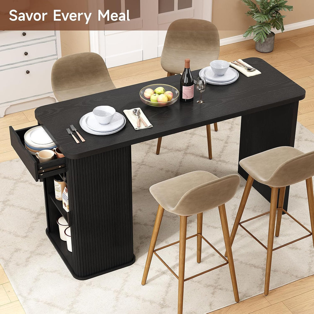 ONBRILL 59 Inch Fluted Kitchen Island with Storage Black | Counter Height Tab...