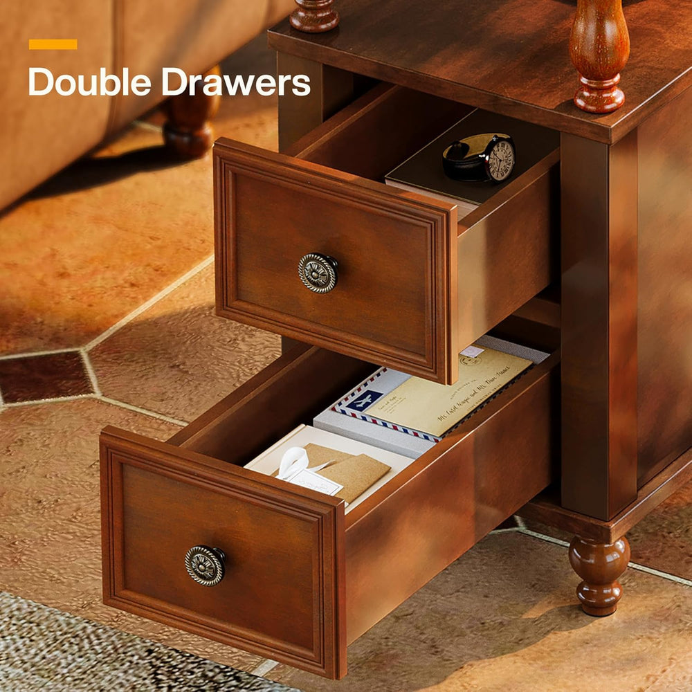 Tribesigns Cherry Finish Wood End Table with 2 Drawers, Mid-Century Wooden Sl...