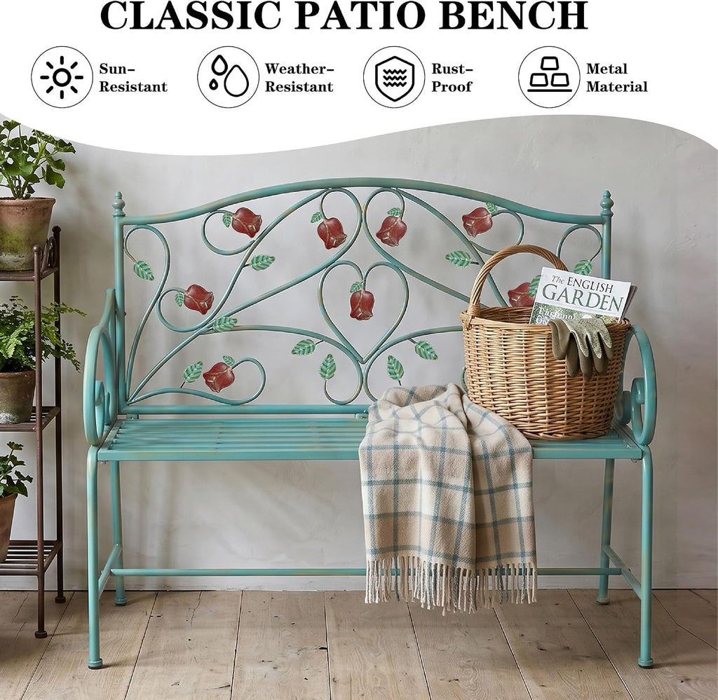 DIBRATY Rose Metal Entryway Bench, 2-Seater Vintage Foyer Bench, Blue | Garden Bench, with Scroll Armrest & Rose Leaf Pattern Backrest, Retro Distressed, for Porch, Living Room
