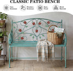 DIBRATY Rose Metal Entryway Bench, 2-Seater Vintage Foyer Bench, Blue | Garden Bench, with Scroll Armrest & Rose Leaf Pattern Backrest, Retro Distressed, for Porch, Living Room