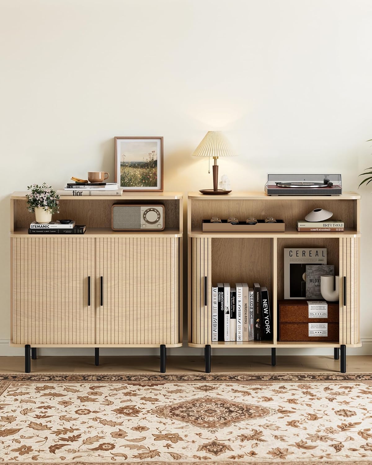 SUNCOZE Buffet Sideboard Cabinet with Big Storage Space Set of 2, Fluted Coffee Bar Cabinet with Shelves, Modern Wood Console Cabinet for Kitchen, Entryway & Living Room (Wood)