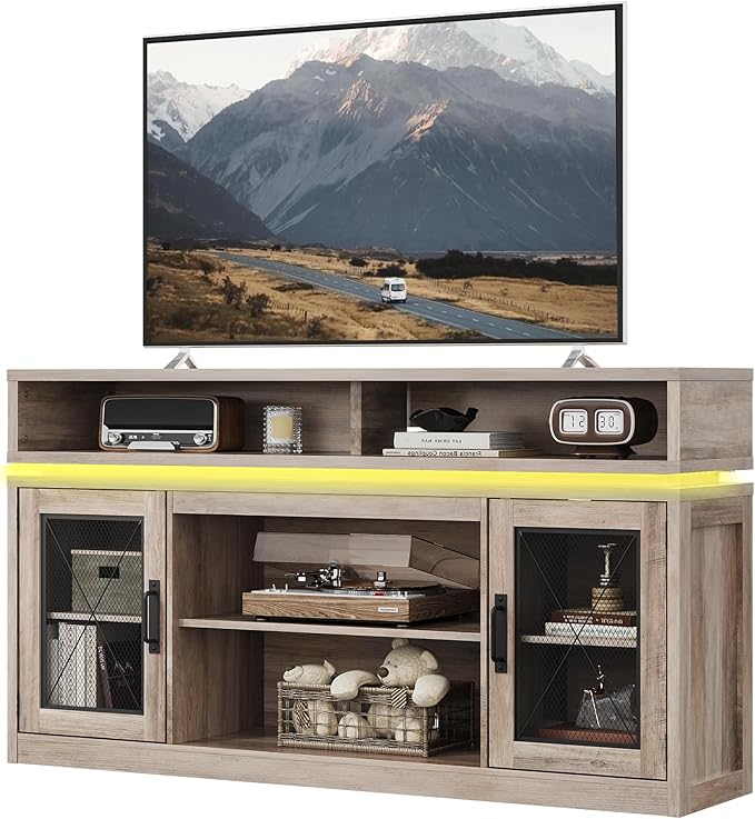 WLIVE Farmhouse TV Stand for TVs Up to 65 Inches, Tall Entertainment Center with Storage Cabinets & LED Lights, Media Console for Living Room, Bedroom, Home Theater, Gray Oak