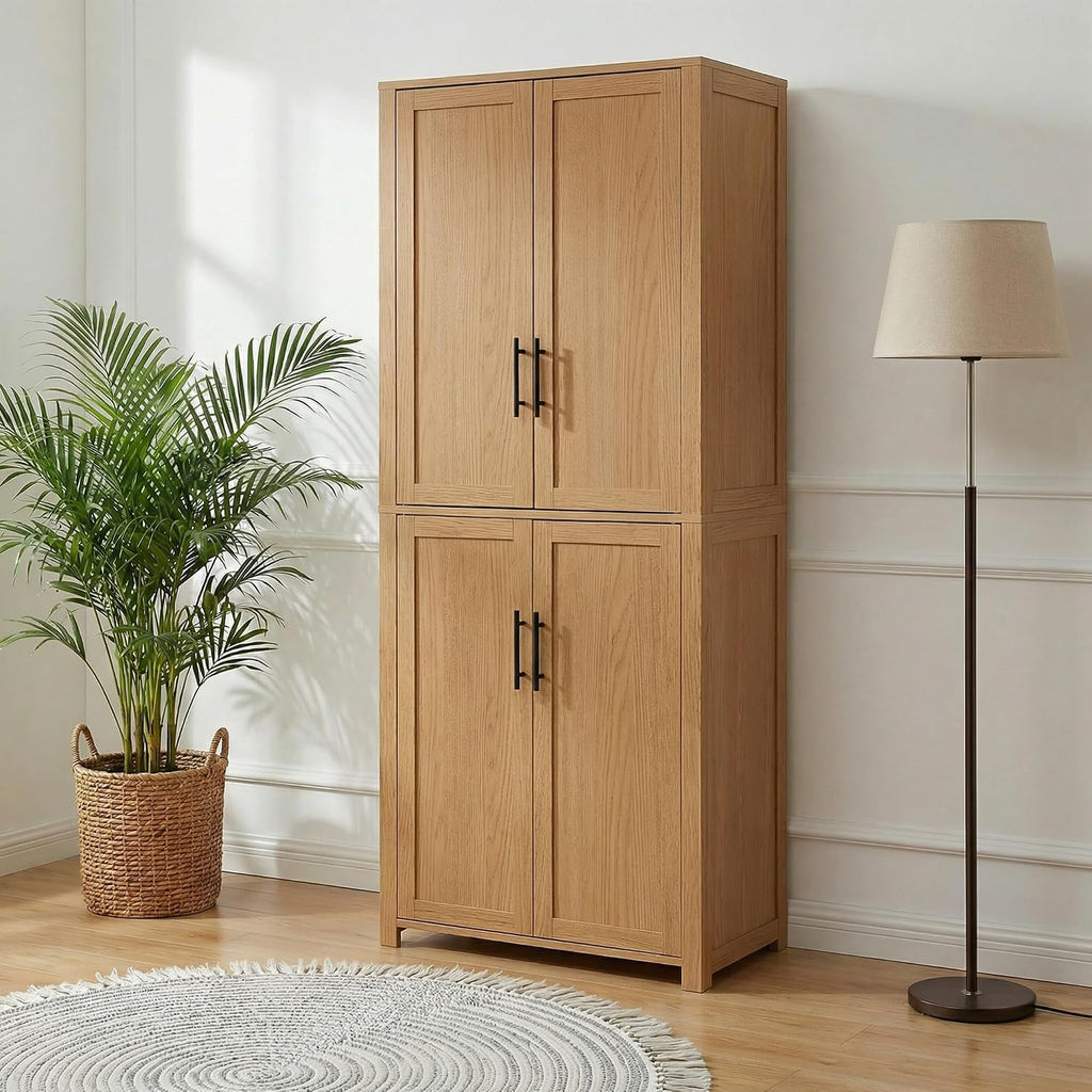 67" Tall Kitchen Pantry Cabinet, 28" W Storage Cabinet for Kitchen | 67" x 28" x 15" size, 4 adjustable shelves, engineered wood, anti-tip compatible, Shaker doors, Oak