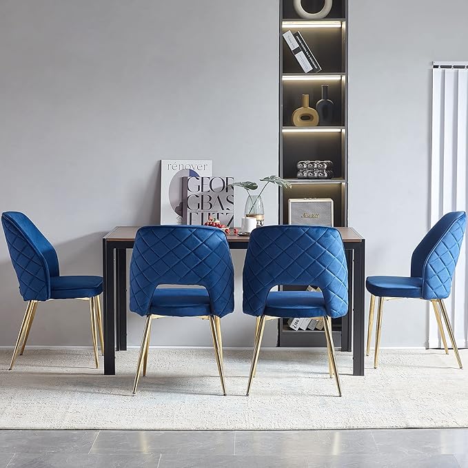 NORDICANA Modern Dining Chair Set of 4, Navy Blue Velvet Fabric Upholstered Accent Chairs with Golden Metal Legs, Round Back Side Chairs for Kitchen Living Room Bedroom