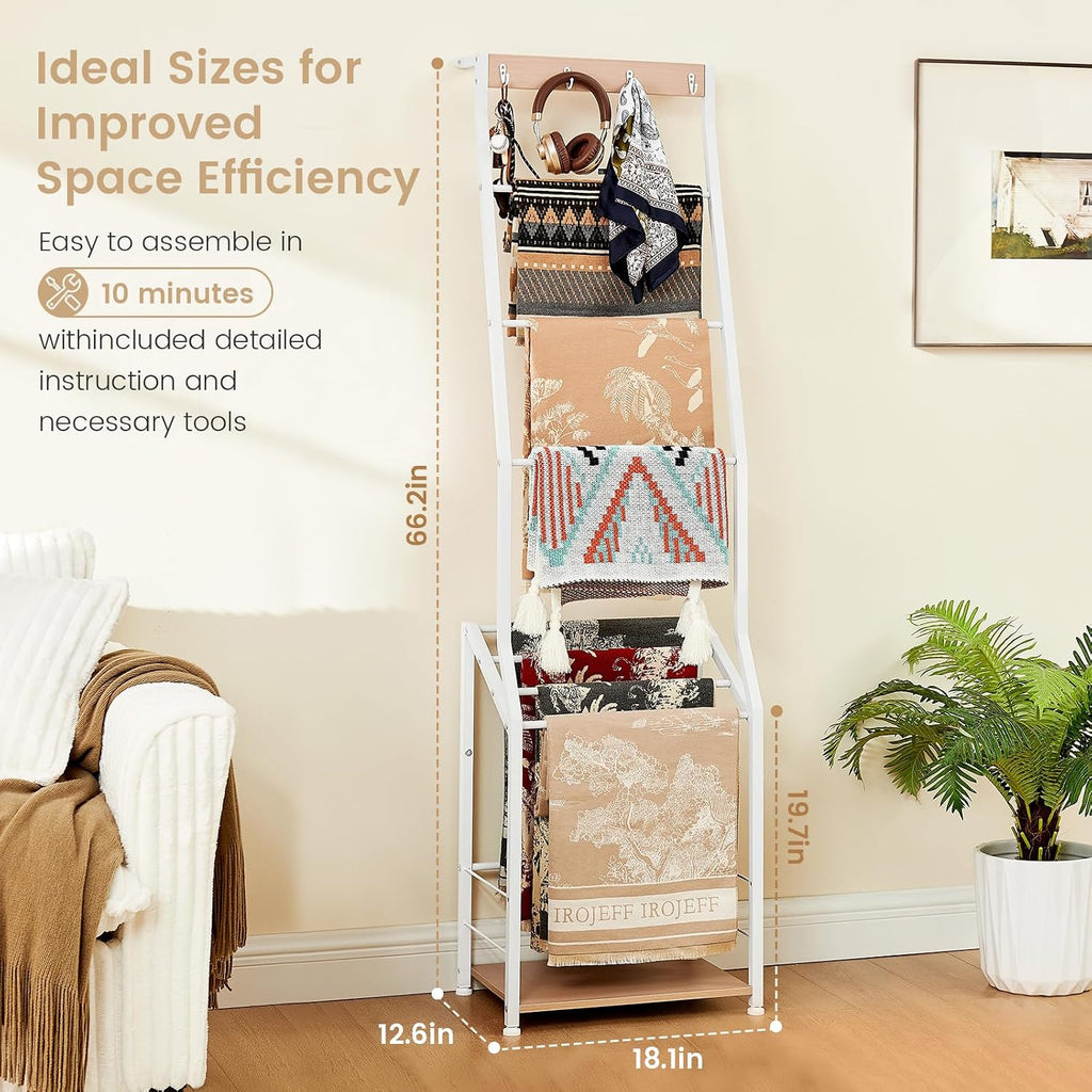 Pinzoveco Blanket Ladder, 7 Tier Wooden Ladder Shelf with Hooks 5.5ft White | Blanket Ladders for The Living Room, Blanket Holder Rack Farmhouse Ladder Rack for Storage and Home Decor