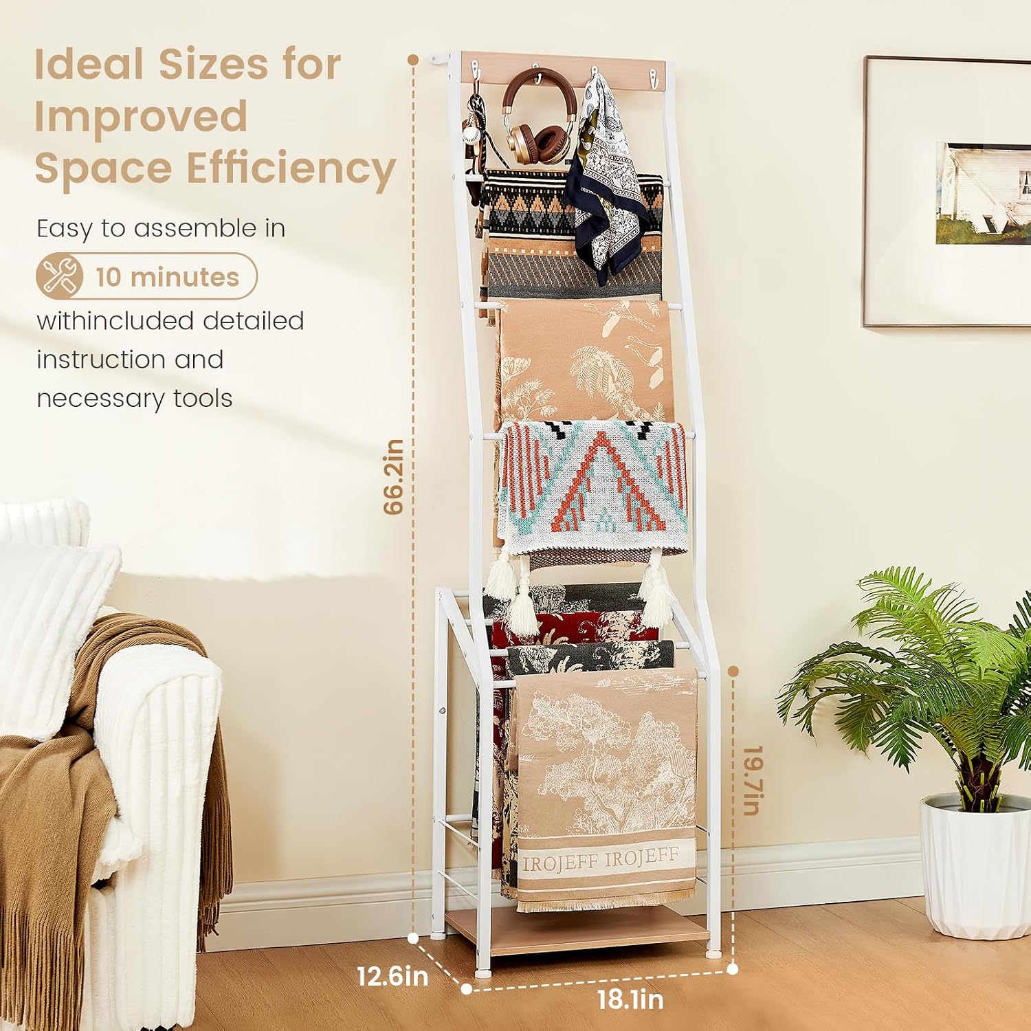 Pinzoveco Blanket Ladder, 7 Tier Wooden Ladder Shelf with Hooks 5.5ft White | Blanket Ladders for The Living Room, Blanket Holder Rack Farmhouse Ladder Rack for Storage and Home Decor