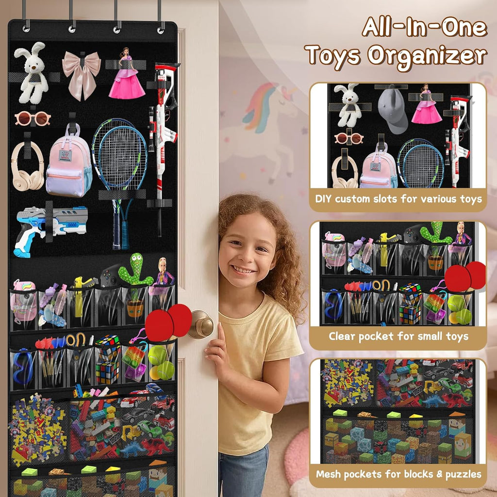 Over the Door Organizer for Building Blocks, Kids Toys Storage with Pockets and Slots for Stuffed Animal, Foam Blasters, Darts, Door Organizer hanging for Toys Storage, Kids Game Rooms