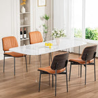 Dining Chairs Set of 2, Mid-Century Modern Upholstered PU Leather Chairs with Walnut Back and Metal Legs Adjustable Feet for Kitchen Dining Room, Orange Shell Strips