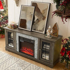 TV Stand with Electric Fireplace & Storage Cabinet, Entertainment Center with 2 Glass Door, Faux Stone Media Console Table for Living Room (Grey,58" with Fireplace)
