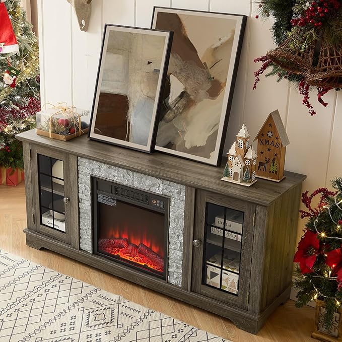 TV Stand with Electric Fireplace & Storage Cabinet, Entertainment Center with 2 Glass Door, Faux Stone Media Console Table for Living Room (Grey,58" with Fireplace)