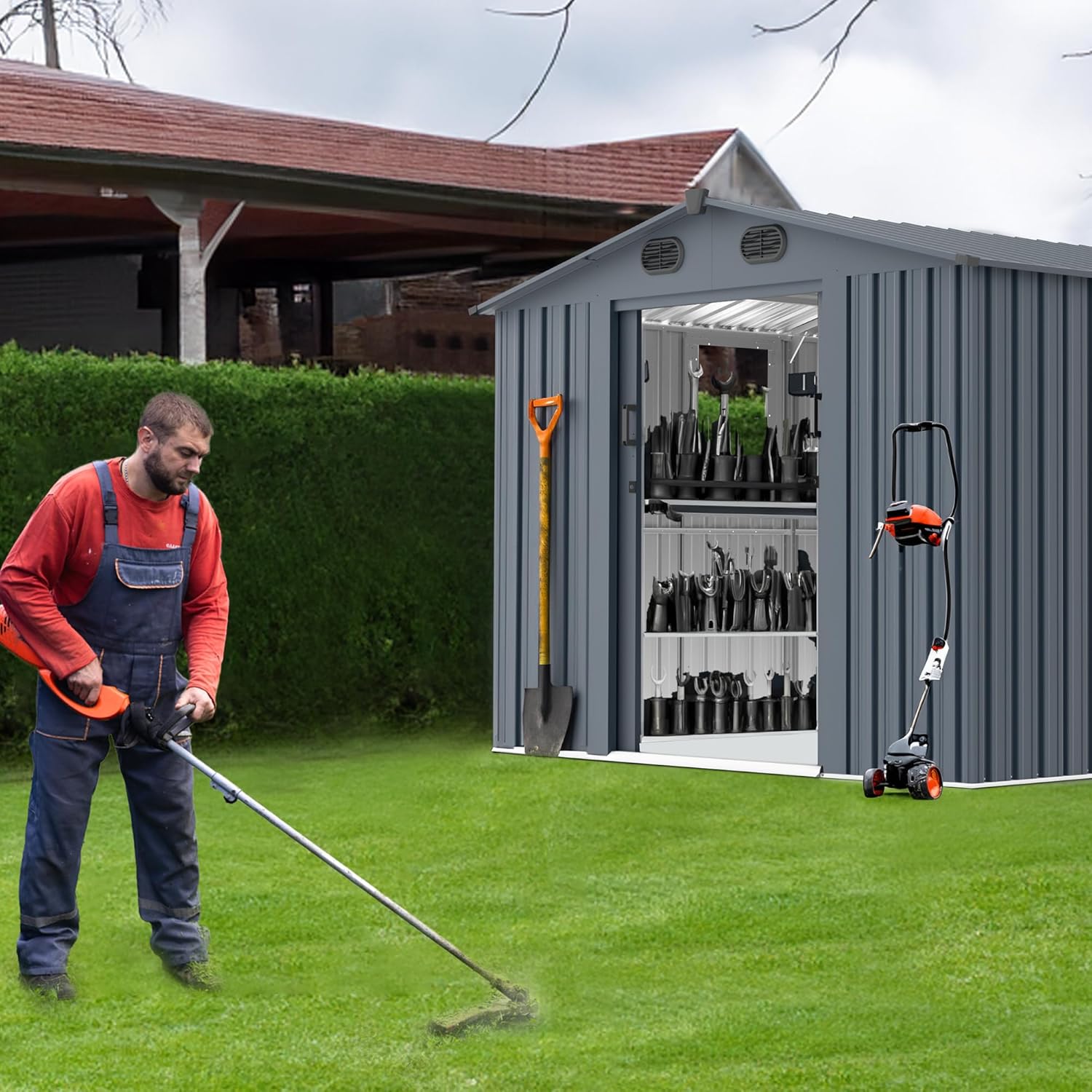 Outdoor Storage Shed 8x10 FT with Window - Metal Sheds & Outdoor Storage for Motorcycle, Bike, Garden Tool, Lawnmower - Backyard Tool Building with 1 Sliding Door, 4 Vents (Without Floor)