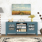 Giantex Farmhouse TV Stand for TVs up to 65", Entertainment Center with 4 Adjustable Storage Shelves & Tempered Glass Doors, Modern TV Console Table for Bedroom, Living Room (Teal Blue)