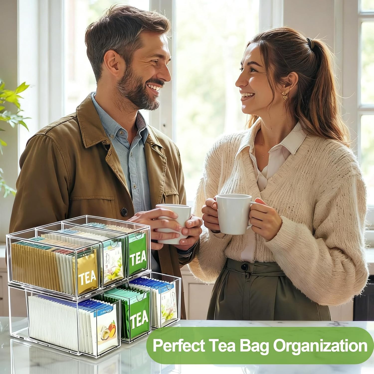 6 Pack Stackable Tea Bag Organizer Drawers – Clear Acrylic Tea Bag Holder for Cabinet, Drawer, Pantry, Countertop – Kitchen Tea Storage Container
