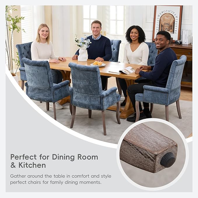 Upholstered Tufted Chenille Dining Chairs with Arms & Nailhead Trim – Solid Wood Frame & Legs, Modern Farmhouse for Dining, Kitchen & Living Room (Set of 2, Blue)