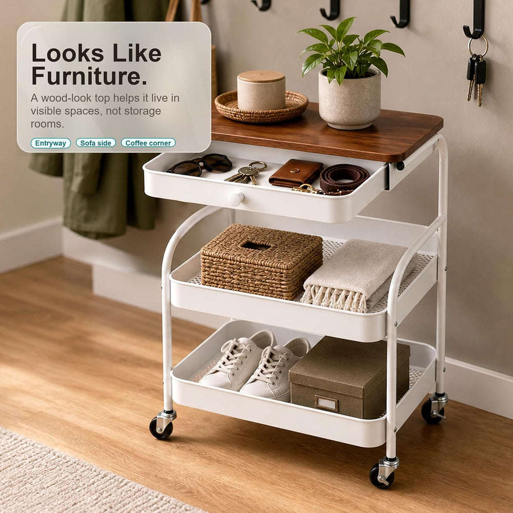 3 Tier Rolling Cart with Hidden Drawer and Wood Top, Small Space Storage Cart...