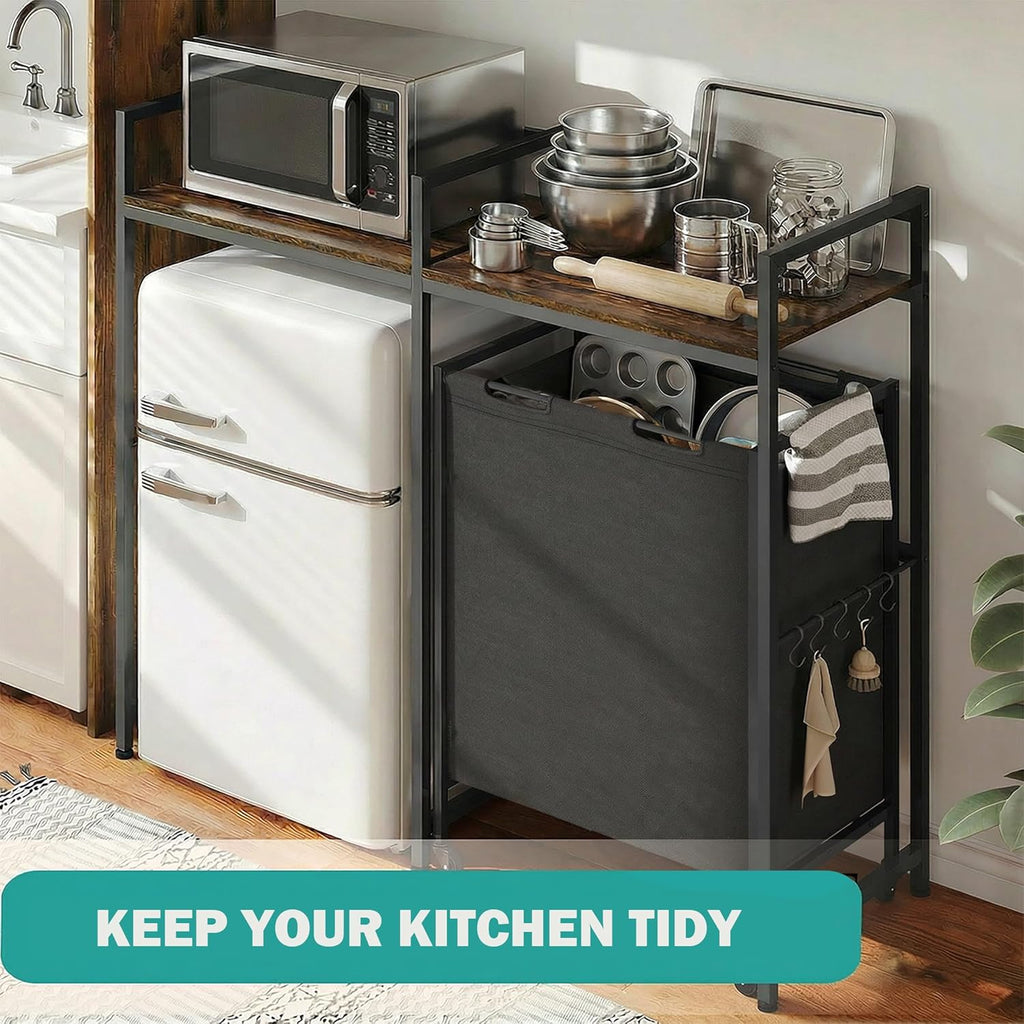 YITAHOME Kitchen Microwave Stand Bakers Rack with Shelf, 55" Large Kitchen Storage Shelf with Rolling Wheeled Storage Baskets/Hooks, Coffee Bar Table Station with Dining Room, Retro Brown