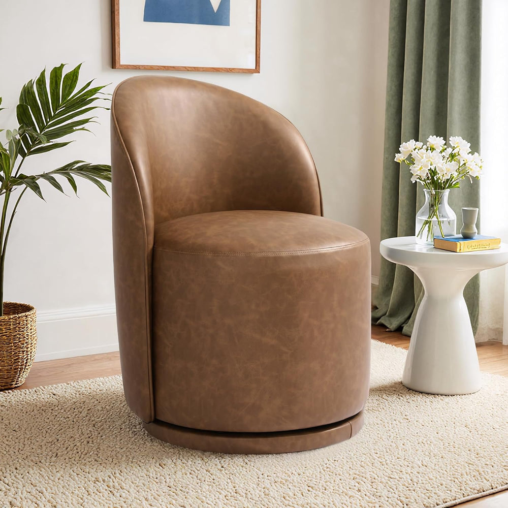 Faux Leather Swivel Barrel Accent Chair, Upholstered Kitchen Dining Room Chai...