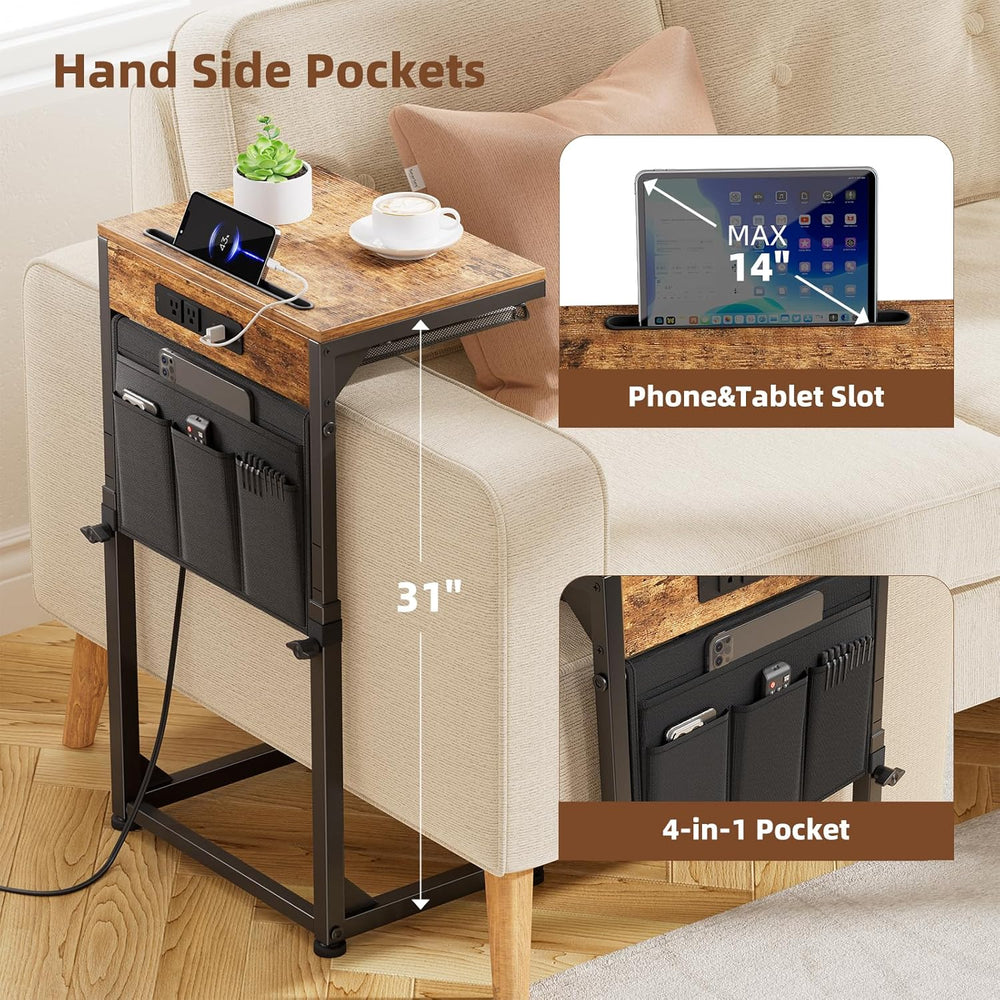 Simple Trending Side Table, C Shaped End Table with Charging Station, Couch T...